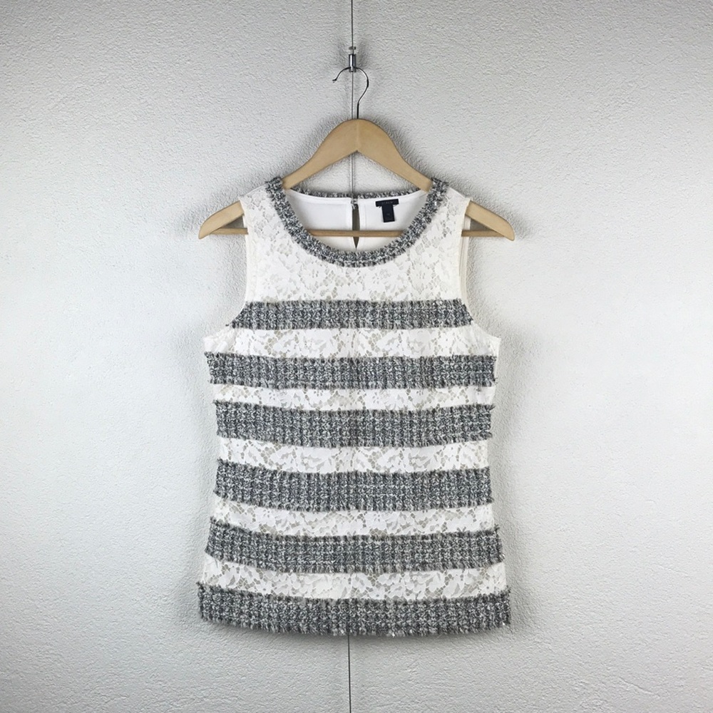 JCrew l XS Tailored Ivory Peekaboo Lace Textured Metallic Tweed Striped Tank Top